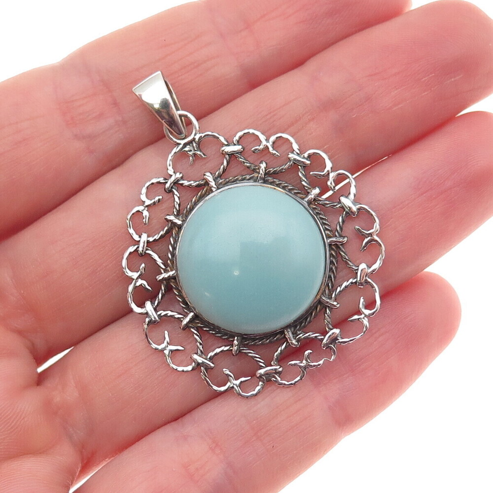 925 Sterling Silver Vintage Real Amazonite Heart Ornate Charm Pendant